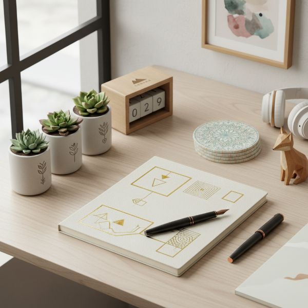 1. | 1.tw | 1tw | 一點行銷(一點文創)：一點文創品牌願景圖：展示簡約美學辦公空間、文創筆記本設計與多肉植物，象徵連結創作者與消費者的文創生態系統。